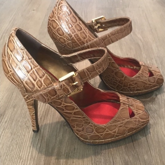 Roberto Cavalli Vintage Crocodile Embossed Leather Peep Toe Shoes - Picture 6 of 11